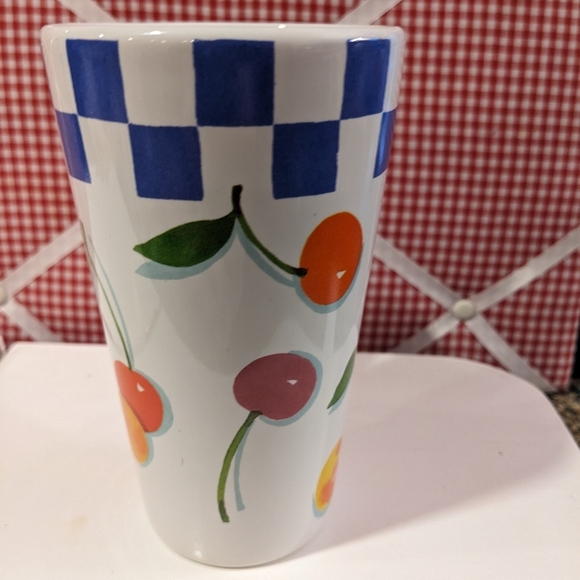 Picnic Pattern Vtg Cherries Tall Mug Blue White Checked Coffee Tea Cup Checked - Picture 2 of 4